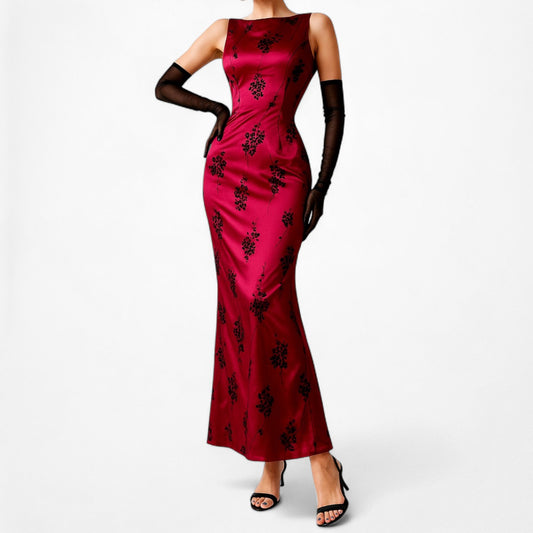 Vintage Red Satin Maxi Floral Velvet Bodycon Formal Prom Dress Size M