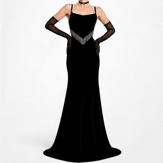 Vintage Black Velvet Beaded Knit Bodycon Maxi Formal Prom Dress Size S