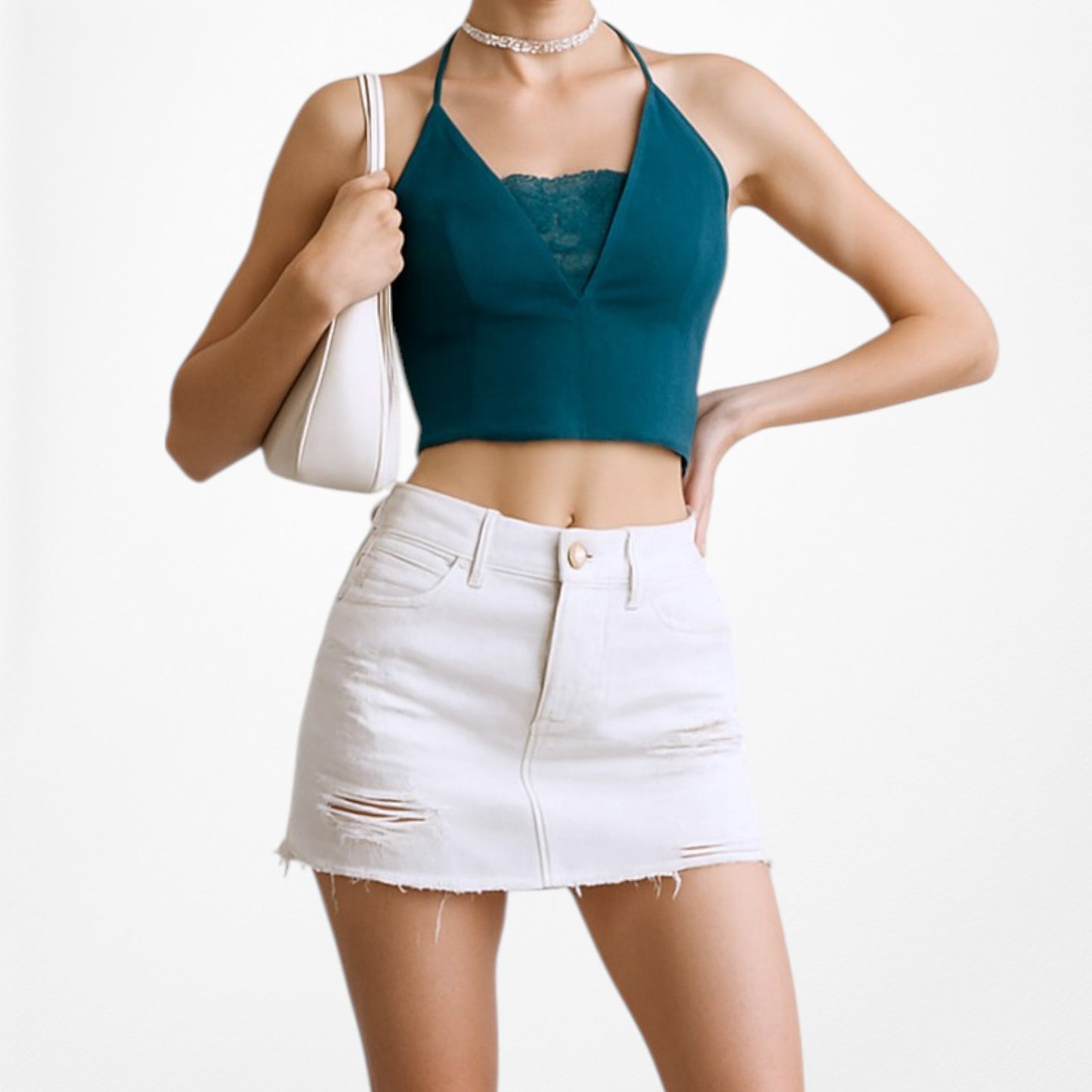 Free People Blue Halter V-Neck Lace Detail Cami Tank Casual Crop Top Size M