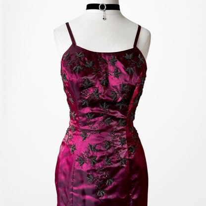 Vintage Burgundy Red Satin Beaded Fit Flared Maxi Prom Dress Size S