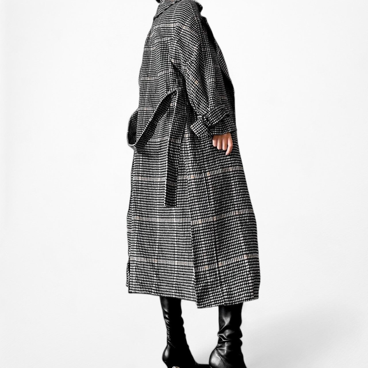 Zara Gray Checkered Plaid Oversized Wool Waist Tie Trench Style Jacket Coat