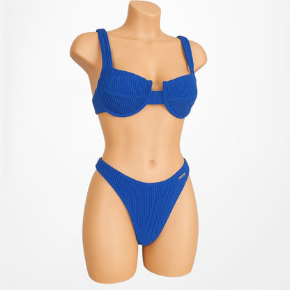 Nasty Gal Blue Ribbed Knit Two Piece Bikini Swim Suit Bathing Suit Size S