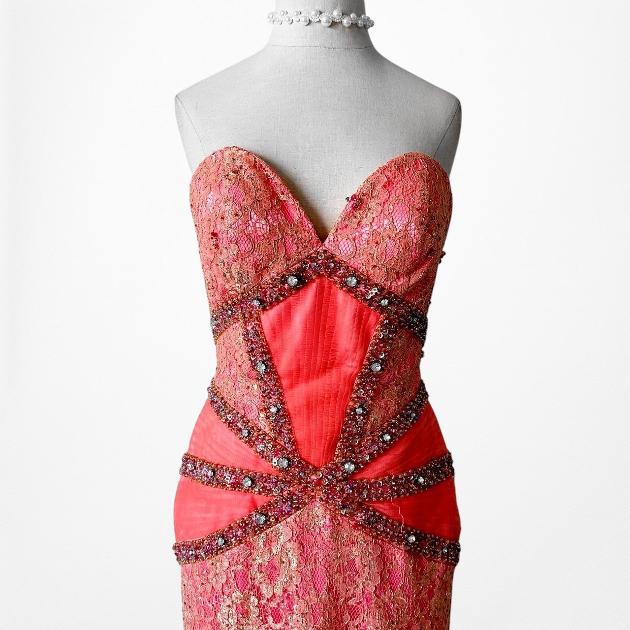 Vintage Pink Strapless Lace Beaded Fishtail Bodycon Prom Dress Size M