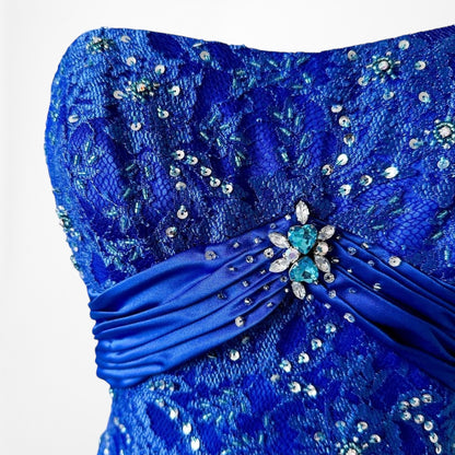 Vintage Blue Strapless Lace Beaded Side Slit Bodycon Maxi Prom Dress Size M