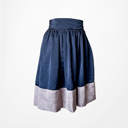 Vintage Y2K Satin High Waisted Navy Blue Silver Knee Length Flared Skirt Size S