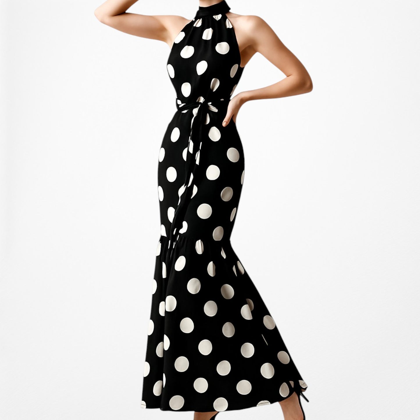 Mango Black White Turtleneck Polka Dot Fit Flared Maxi Sundress Dress Size XS/S