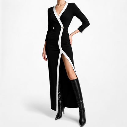 ASOS Black Button Front Colorblock Knit Front Slit Bodycon Maxi Dress Size S/M