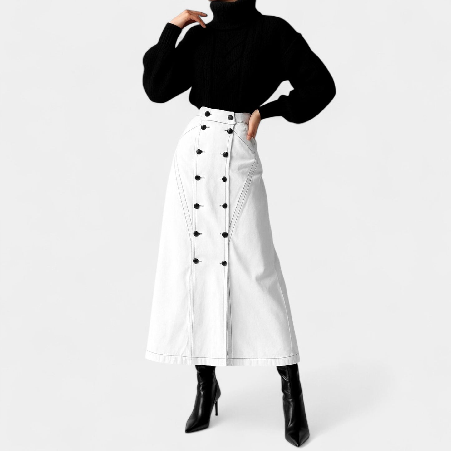 Jason Wu White Button Front Detail A-Line Denim High Waisted Maxi Skirt Size XS