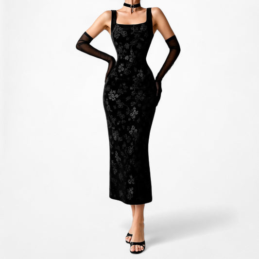 Vintage Black Velvet Floral Glitter Beaded Midi Bodycon Cocktail Dress Size S