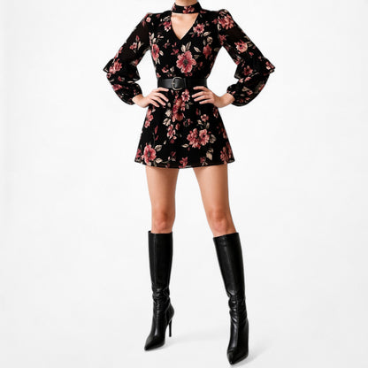 White House Black Market Floral Long Sleeve Ruffle Shift Tunic Dress Size M