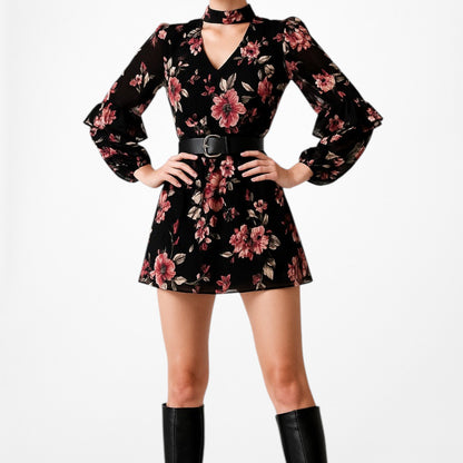 White House Black Market Floral Long Sleeve Ruffle Shift Tunic Dress Size M