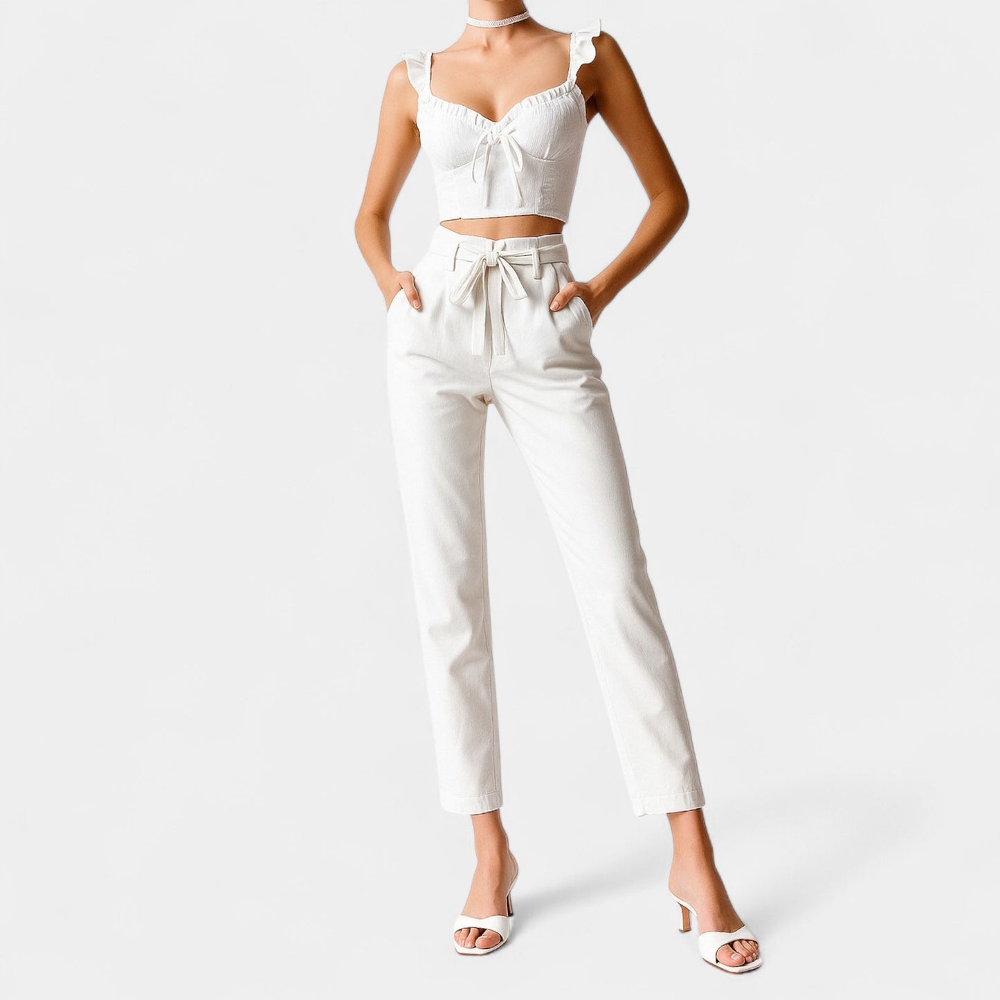 Mango High Waisted Drawstring Straight Leg Cropped Dress Pants Size XS/S