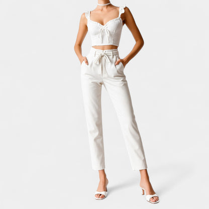 Mango High Waisted Drawstring Straight Leg Cropped Dress Pants Size XS/S