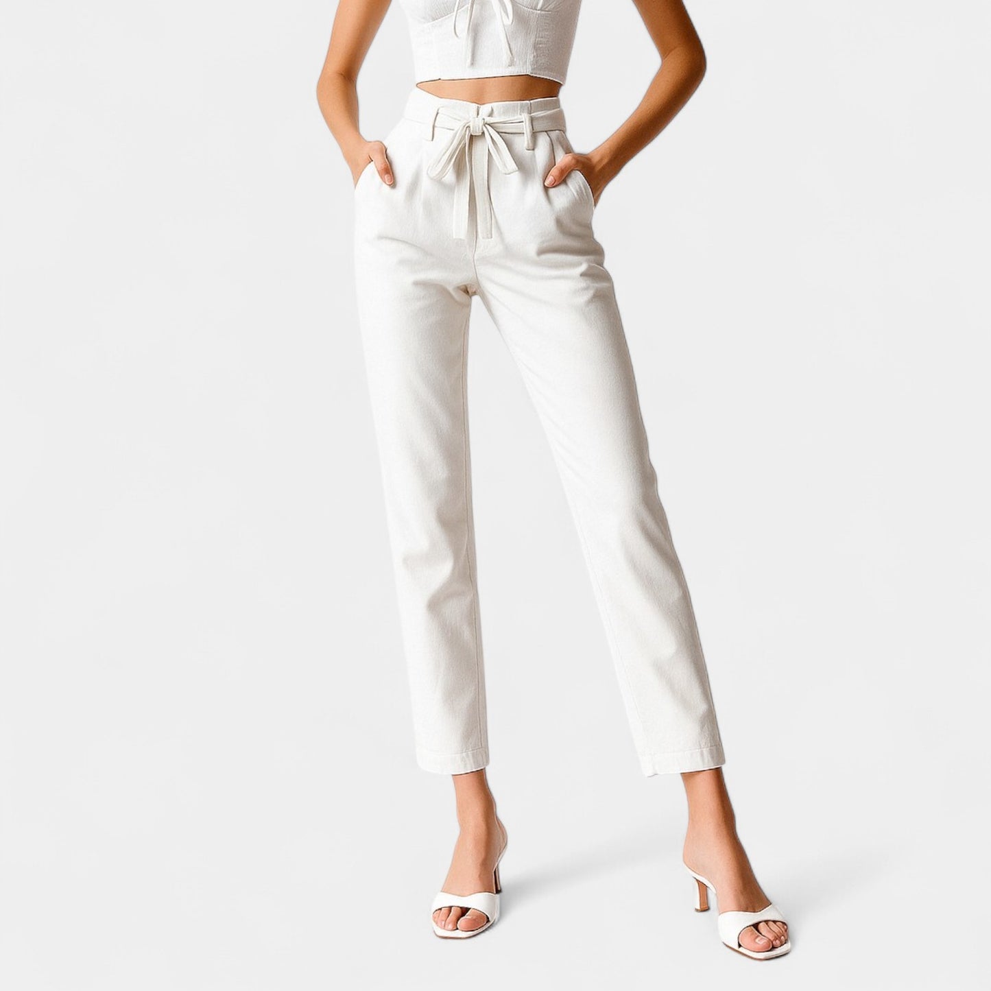 Mango High Waisted Drawstring Straight Leg Cropped Dress Pants Size XS/S