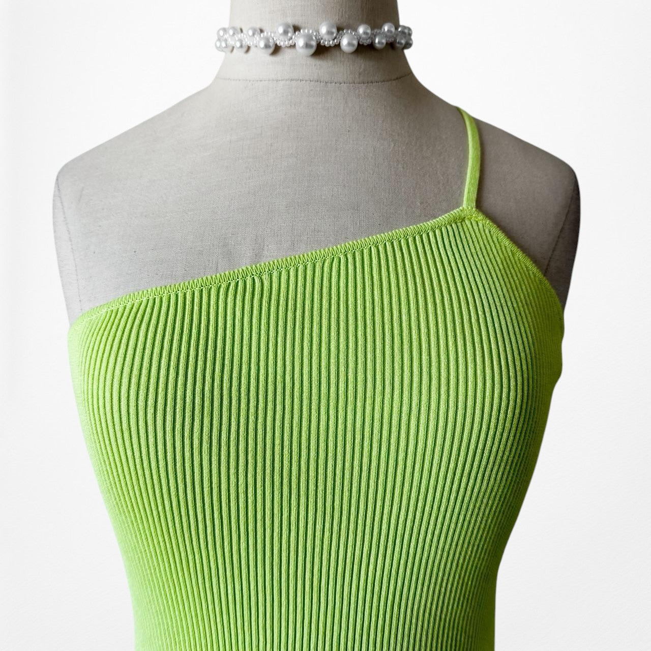 Zara Neon Green One Shoulder Ribbed Knit Pullover Cami Tank Top Size S