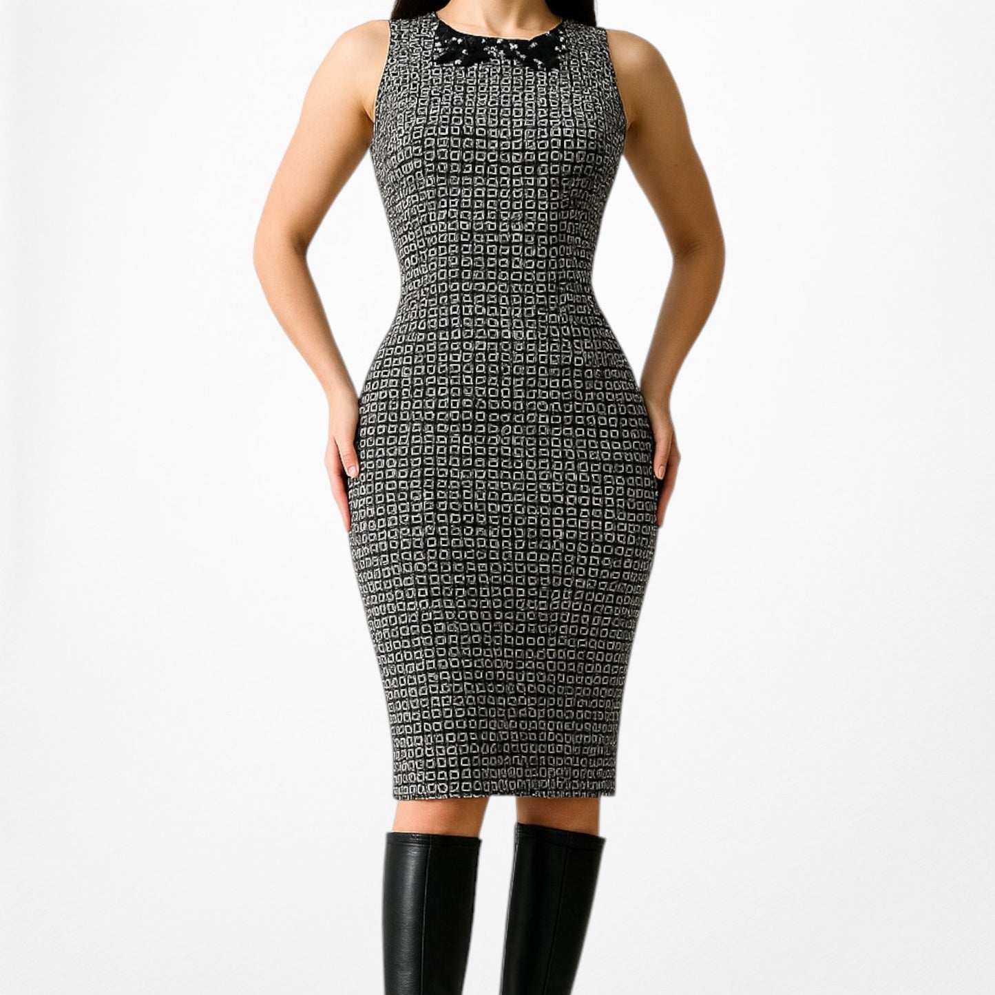 Kasper Black White Printed Knee Length Formal Cocktail Bodycon Dress Size 4/M