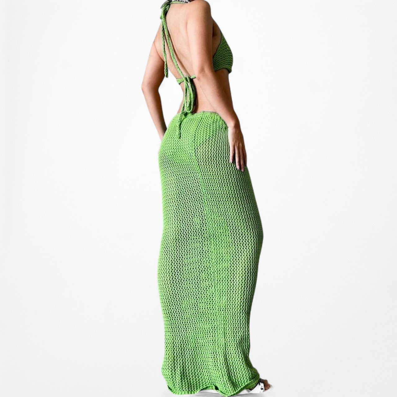 Nakd Green Crochet Bandeau Maxi Bodycon Skirt Two Piece Cover Up Set Size S