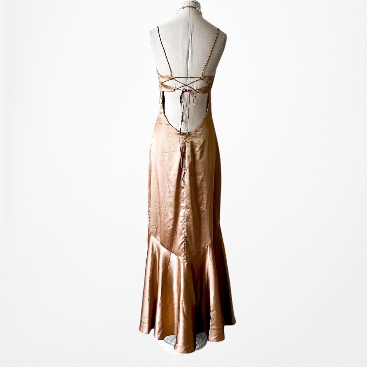 Vintage Brown Silk Beaded Flared Side Slit High Low Maxi Prom Dress Size S/M