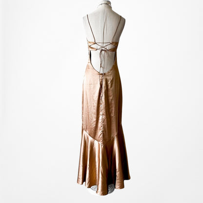 Vintage Brown Silk Beaded Flared Side Slit High Low Maxi Prom Dress Size S/M
