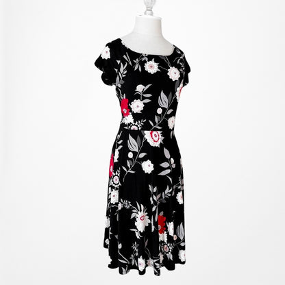 Loft Black White Floral Print Short Sleeve Knit Fit Flared Casual Dress Size S/M