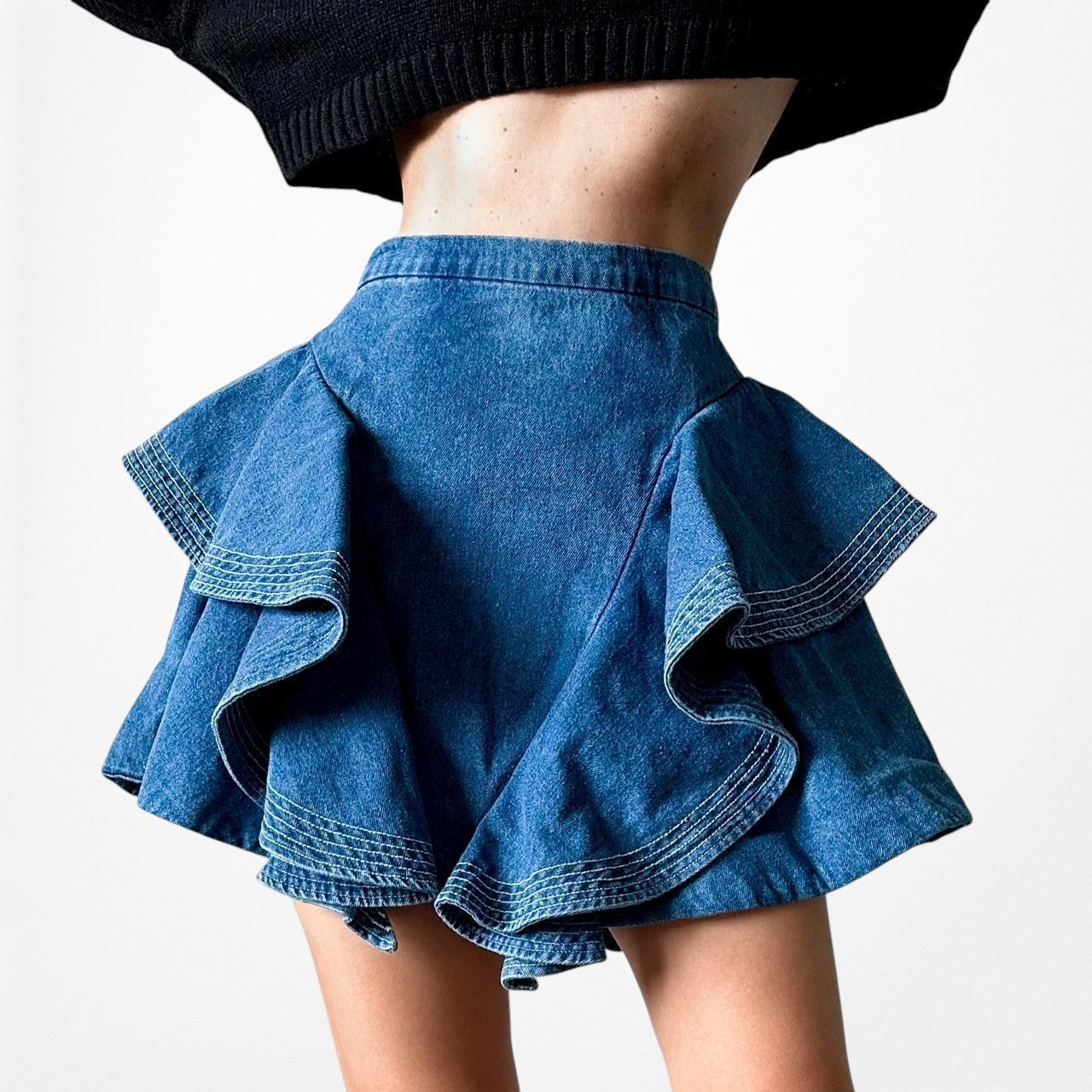 C/Meo Collective High Waisted Ruffle Denim Mini Skirt Size XS/S