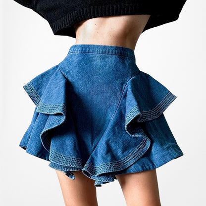 C/Meo Collective High Waisted Ruffle Denim Mini Skirt Size XS/S