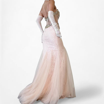 Vintage Pastel Pink Strapless Rhinestone Beaded Maxi Prom Dress Size XS