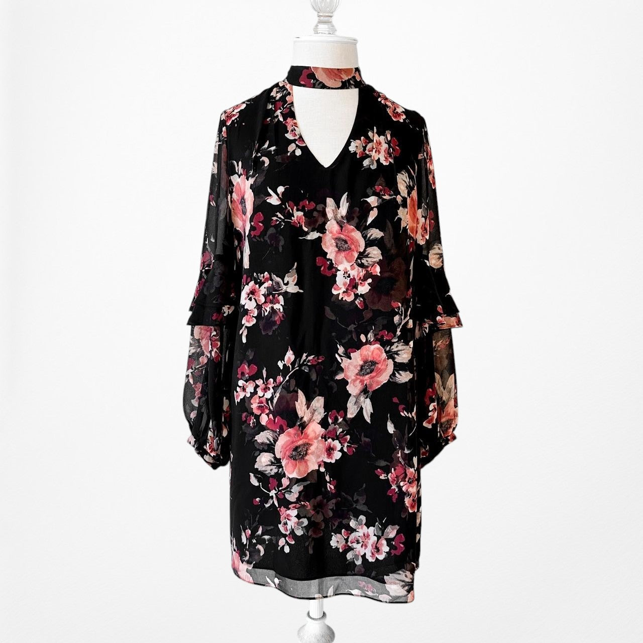 White House Black Market Floral Long Sleeve Ruffle Shift Tunic Dress Size M