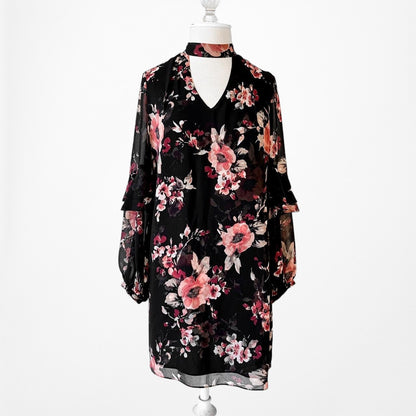 White House Black Market Floral Long Sleeve Ruffle Shift Tunic Dress Size M