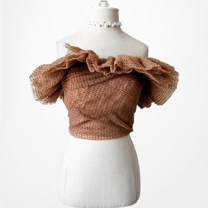 Zara Brown Polka Dot Off The Shoulder Tulle Flared Crop Top Size XS/S