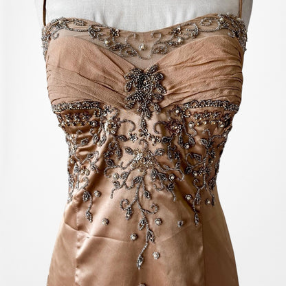 Vintage Brown Silk Beaded Flared Side Slit High Low Maxi Prom Dress Size S/M