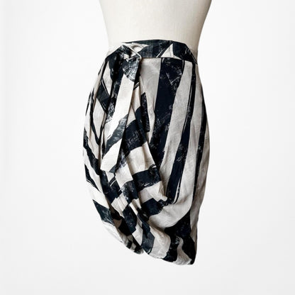 H&M Navy Blue Beige Striped Asymmetric High Waisted Wrap Mini Skirt Size XS