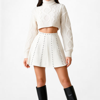 White Studded High Waited Flared Skater Mini Skirt Size S