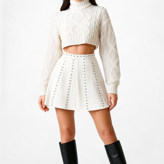 White Studded High Waited Flared Skater Mini Skirt Size S