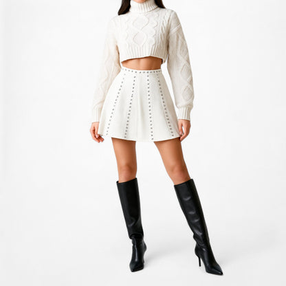 White Studded High Waited Flared Skater Mini Skirt Size S