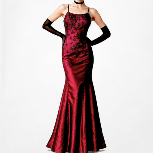 Vintage Burgundy Red Satin Beaded Fit Flared Maxi Prom Dress Size S