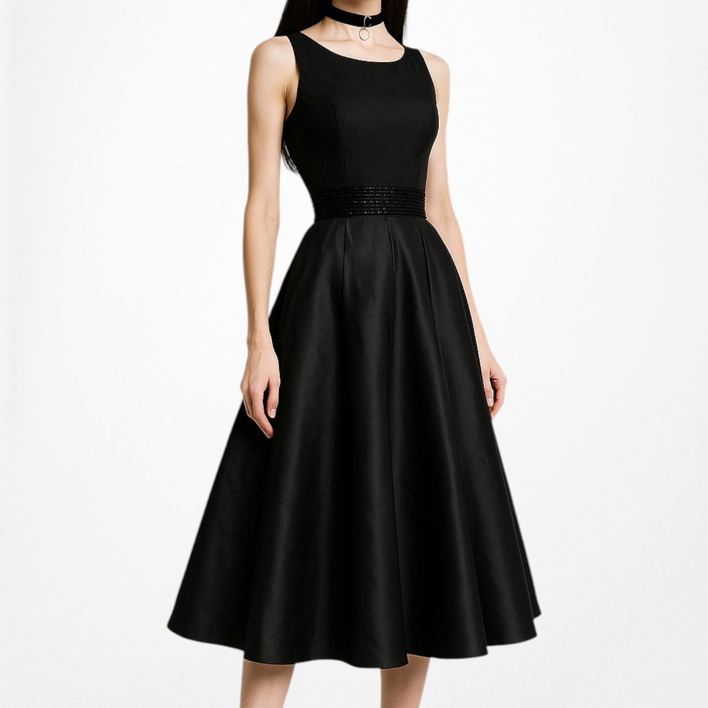 SLNY Black Satin Pleated Flared Knee Length Skater Formal Dress Size 6/M