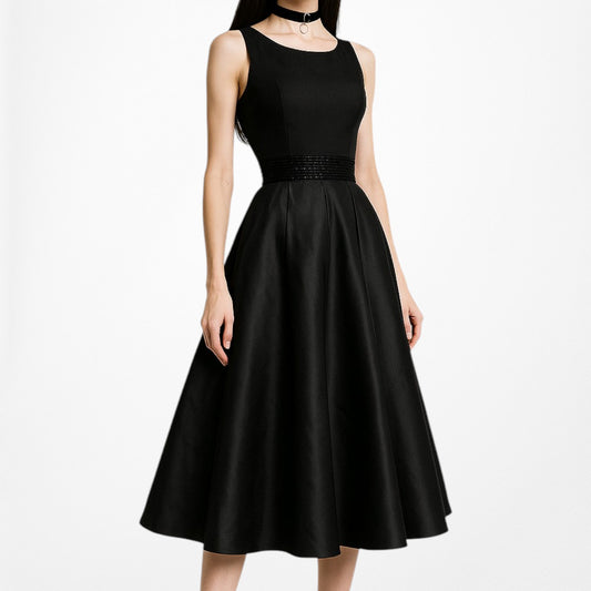 SLNY Black Satin Pleated Flared Knee Length Skater Formal Dress Size 6/M