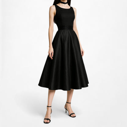 SLNY Black Satin Pleated Flared Knee Length Skater Formal Dress Size 6/M