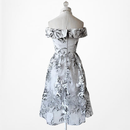 Blue Gray Floral Sheer Organza Off The Shoulder Flared Knee Length Dress Size XS
