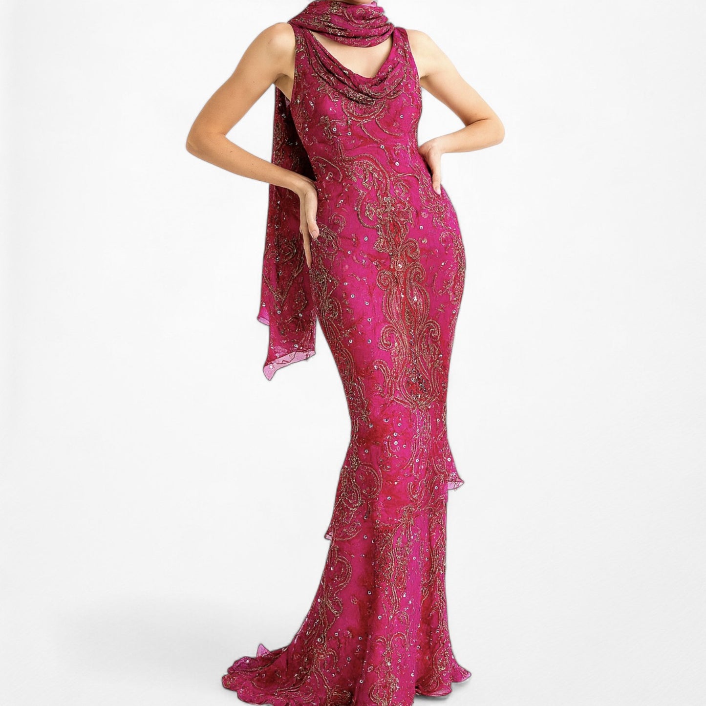 Vintage Y2K Pink Beaded Cowl Neck Silk Bodycon Maxi Prom Dress Size M