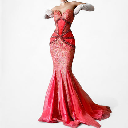 Vintage Pink Strapless Lace Beaded Fishtail Bodycon Prom Dress Size M