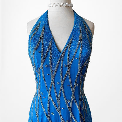 Vintage Blue Silk Beaded Scarf Halter Maxi Bodycon Prom Dress Size S/M