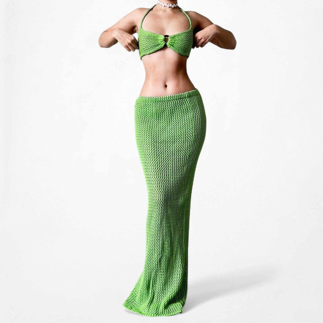Nakd Green Crochet Bandeau Maxi Bodycon Skirt Two Piece Cover Up Set Size S