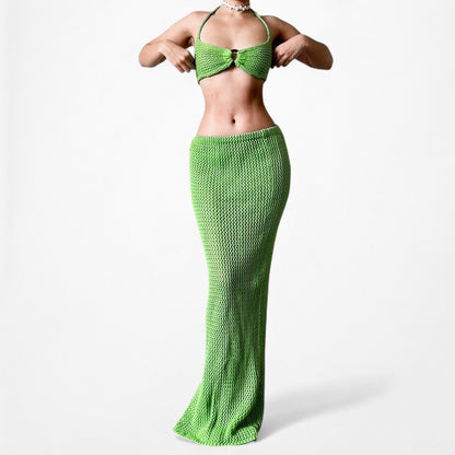 Nakd Green Crochet Bandeau Maxi Bodycon Skirt Two Piece Cover Up Set Size S