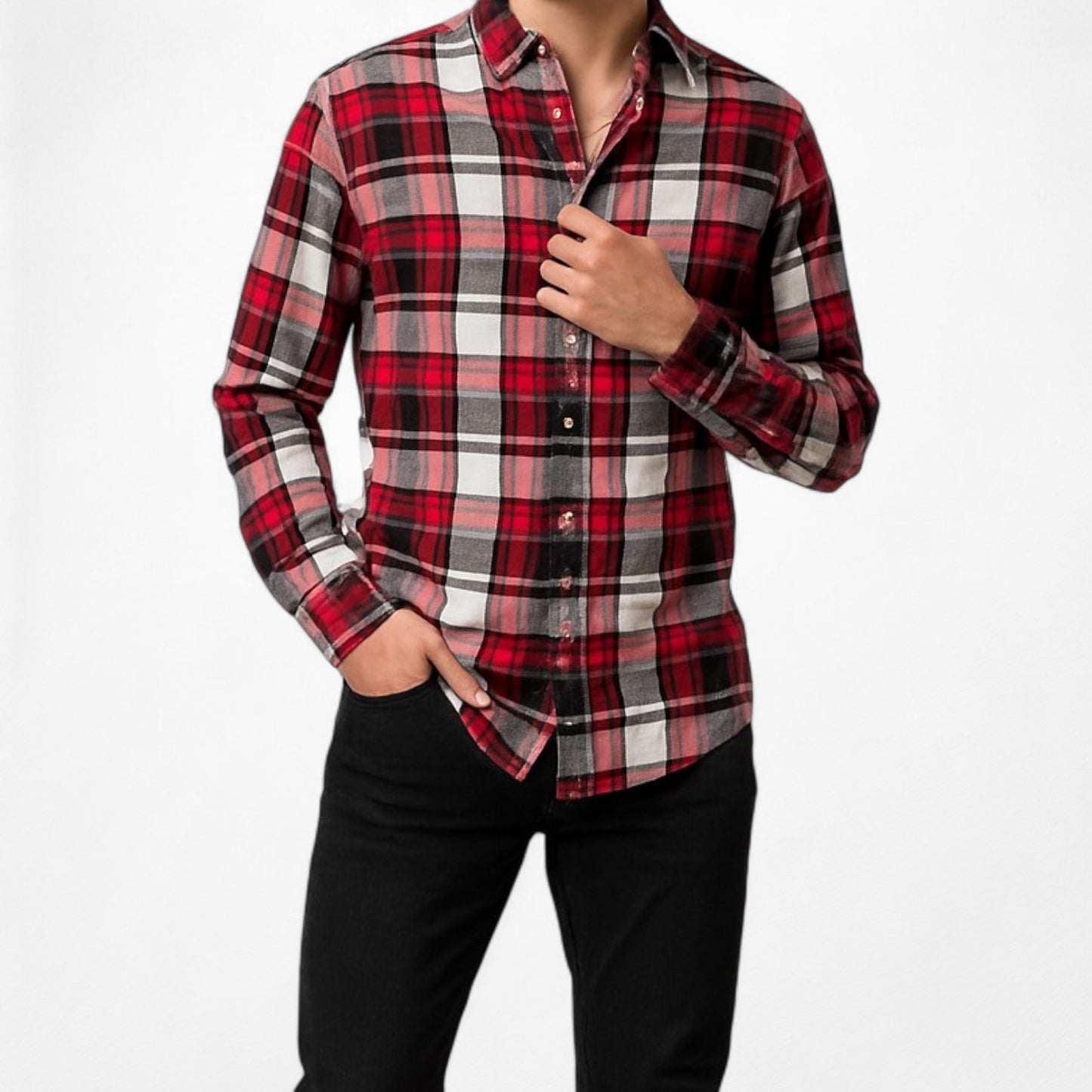 Zara Men's Checkered Plaid White Red Black Button Down Front Shirt Size M