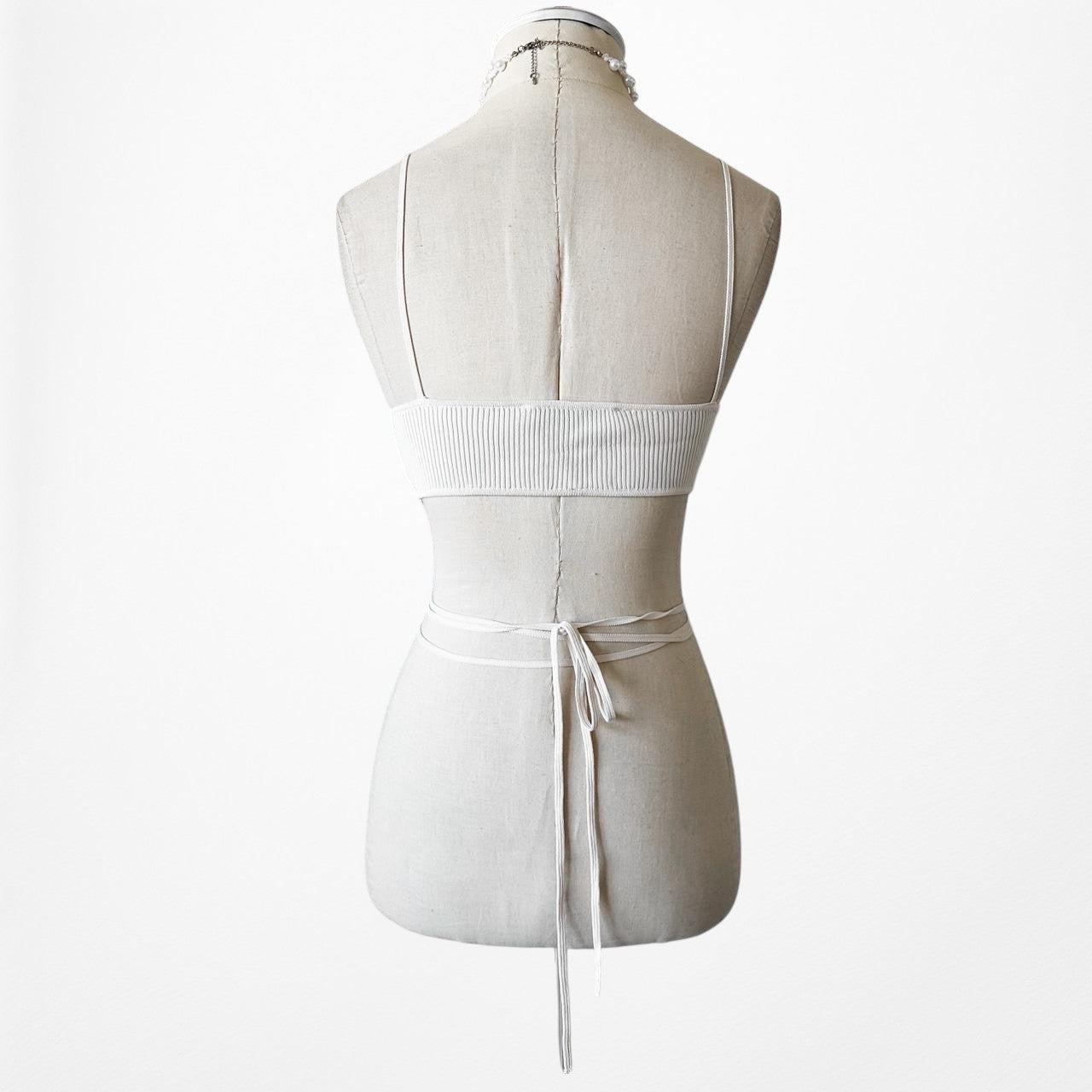 Zara Ribbed Knit Off White Cream Strappy Tie Crop Top Bralette Size S