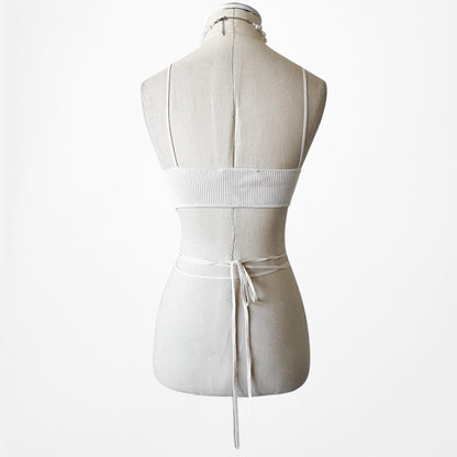 Zara Ribbed Knit Off White Cream Strappy Tie Crop Top Bralette Size S