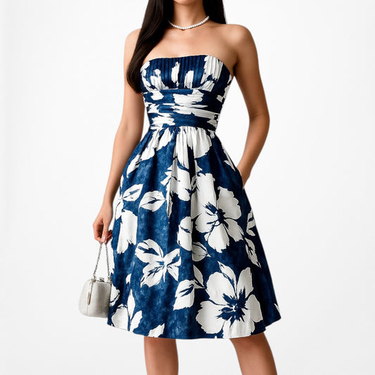 BcbgMaxazria Blue White Floral Strapless Pleated Knee Length Silk Dress Size XS