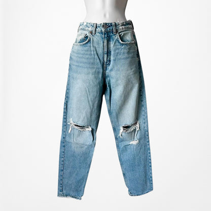 Zara Blue Distressed Destroyed Medium Wash Ripped Knee High Waisted Mom Jeans XS
